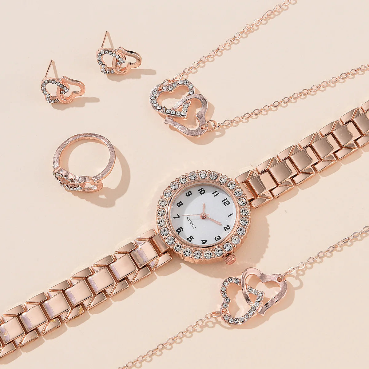 6PCS Set Ladies Watch Luxury Crystal Women Alloy Quartz Wristwatches Quartz Watch Casual Watch Necklace Bracelet Ring Set No Box