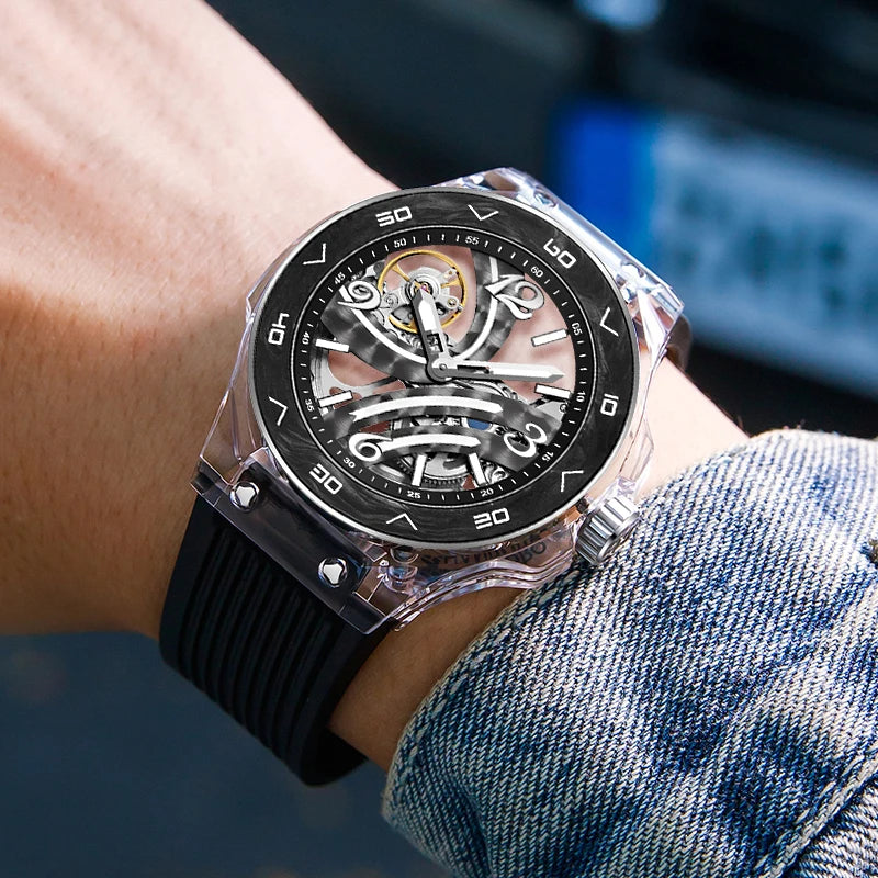 HANBORO Men Luxury Watch Automatic Mechanical Wristwatch Waterproof Luminous Skeleton Acrylic Case Carbon Fibre / Ceramic Bezel