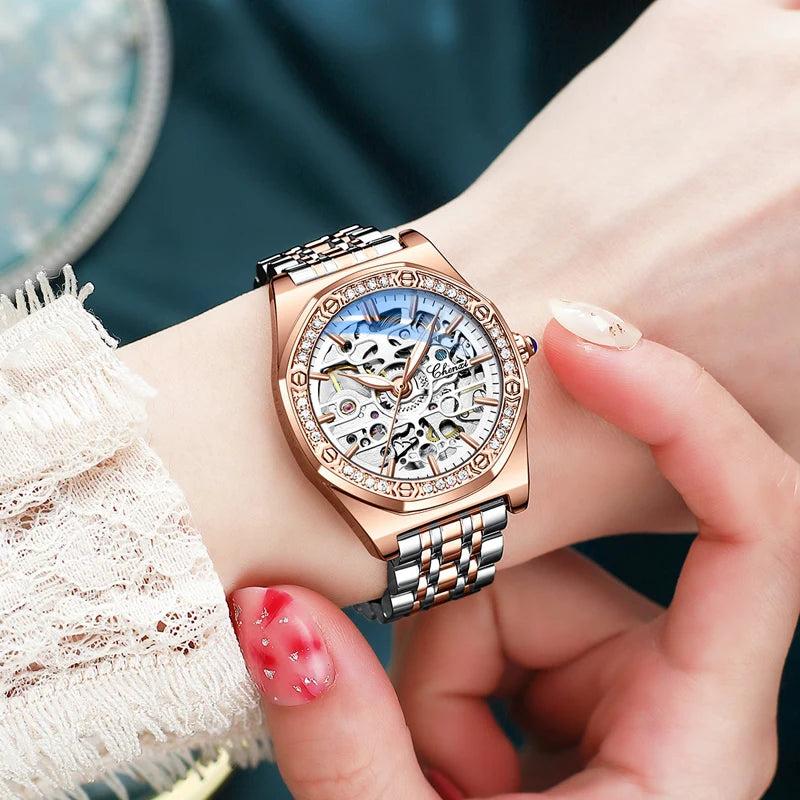 2022 Fashion Chenxi Luxury Women's Wrist Watch Rose Gold Steel Hollow Out Automatic For Women Mechanical Chenxi Relogio Feminino