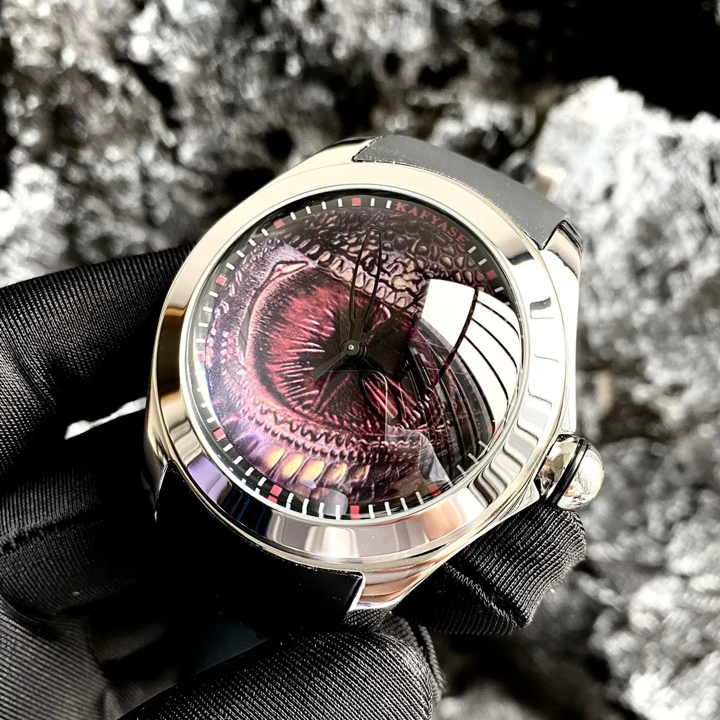KAFYASE Men Automatic Watch 46mm Luxury Mechanical Wristwatch Bubble Mineral Mirror Rubber Strap Fashion Dial