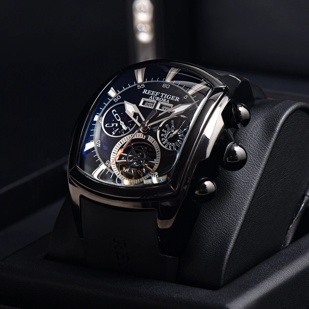 Reef Tiger/RT Designer Men Sport Watches Tourbillon Blue Dial Analog Display Rubber Strap Luminous Clock RGA3069