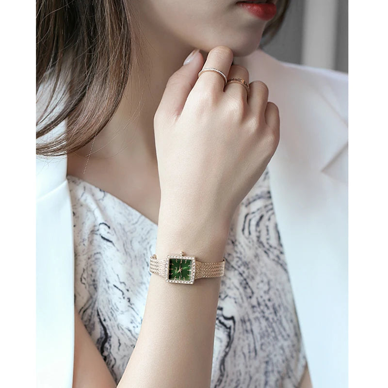 Fashion Gedi Top Band New Women's Small Square Waterproof Quartz Temperament Water Exquisite Diamond Mesh Chain Gold Gift Watch