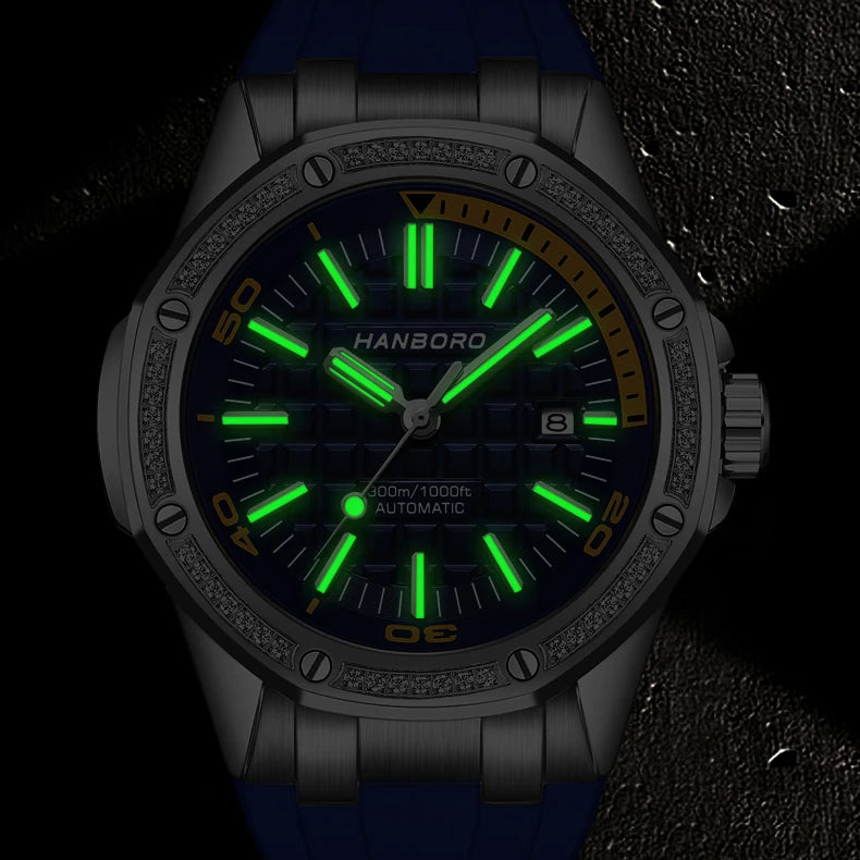 HANBORO Men Luxury Watch 44mm Sport Automatic Watches Fashion Mechanical Wristwatch Waterproof Luminous Rubber Strap Date