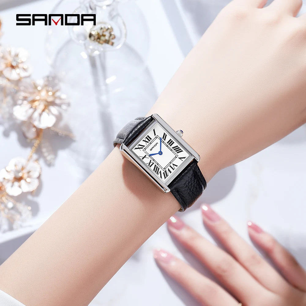 New Fashion Sanda Top Brand Rectangular For Women Man Silver Case Luxury Leather Band Quartz Clock Zegarek Damski Wrist Watches