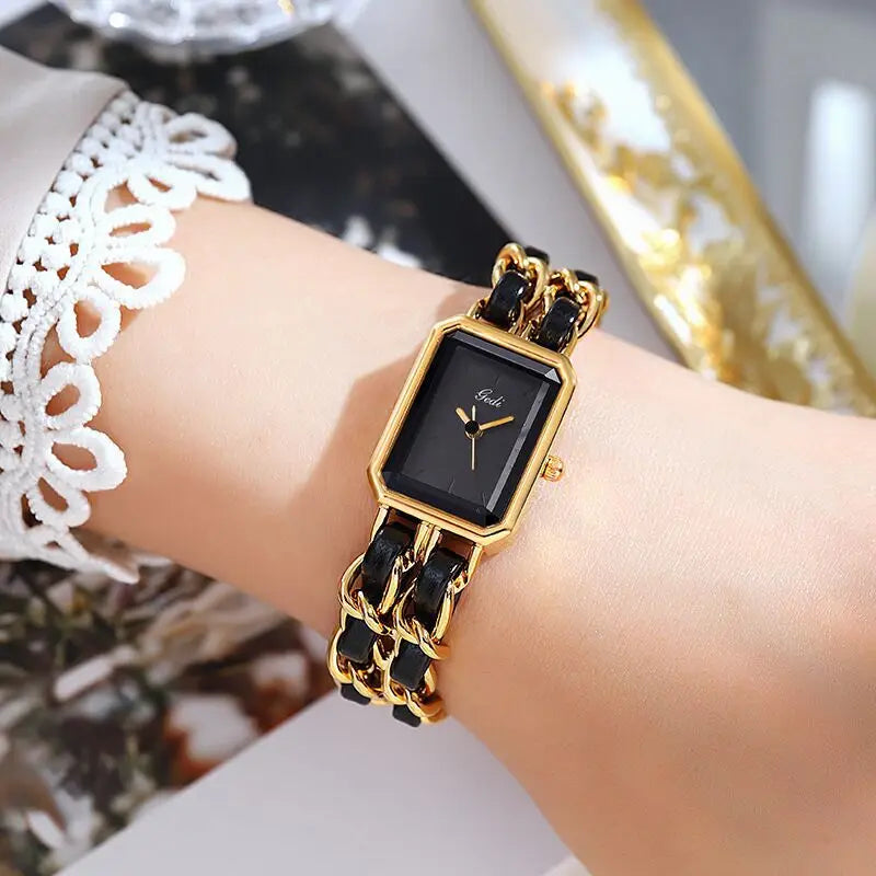 Fashion Gedi Top Brand Vintage Women Square Small Dial Elegant Retro Weaving Bracelet Women's Waterproof Watch Reloj Para Mujer