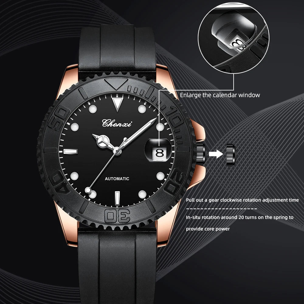 Chenxi Top Brand Automatic Mechanical Mens Watch Luxury Leather Waterproof Quartz Tourbillon Wristwatch Men Luminous Date Clock