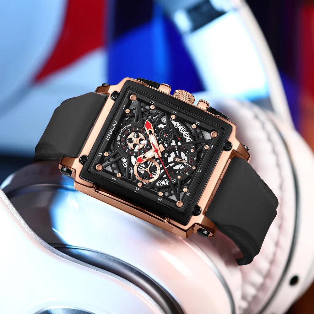 CRRJU Fashion Sports Watches with Large Dial Unique RectangularHollow Design Quartz Wristwatches with Chrongraph Auto Date