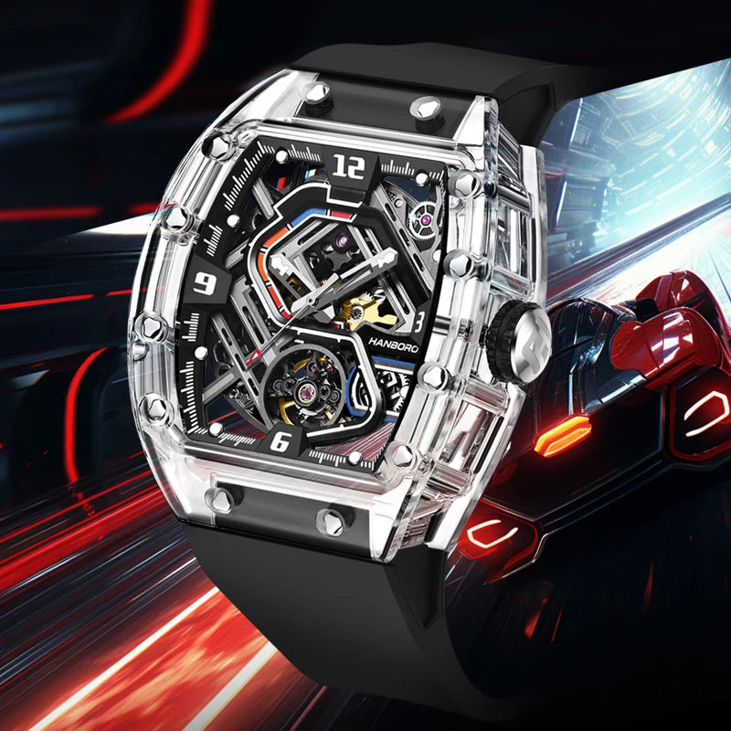 HANBORO Men Automatic Watch 42.5mm*52mm Mechanical Wristwatch Luminous Tonneau Transparent Acrylic Case Waterproof Skeleton Dial
