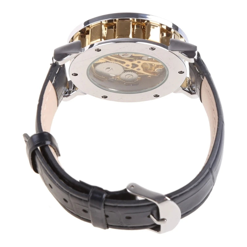 Classic Mens Mechanical Watch Black Leather Gold Dial Skeleton Army Sport Wristwatch Cool Relogio