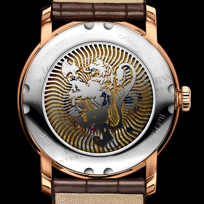 LOBINNI Mens Automatic Watches Luxury Watch For Men Mechanical Wristwatch Waterproof Skeleton Sapphire Leather Strap Fashion