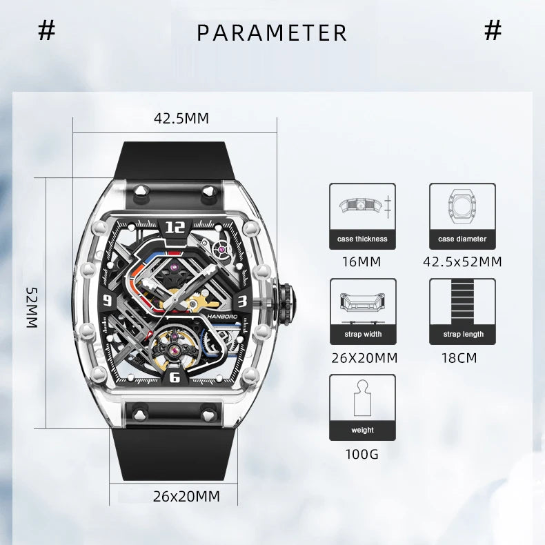 HANBORO Men Automatic Watch 42.5mm*52mm Mechanical Wristwatch Luminous Tonneau Transparent Acrylic Case Waterproof Skeleton Dial