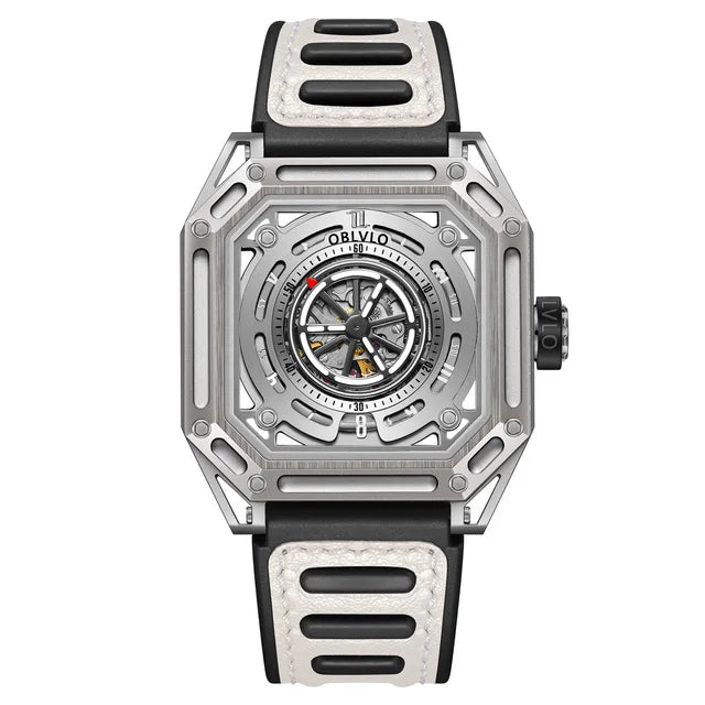 OBLVLO Mens Automatic Watches Luxury Watch Mechanical Wristwatch Fashion Square Skeleton Dial Sapphire 50M Waterproof Military