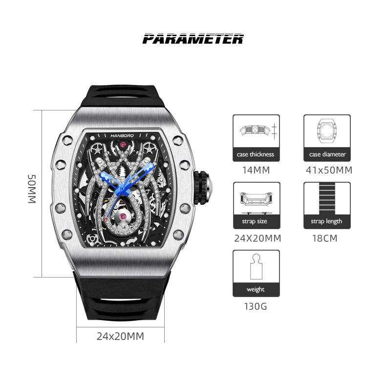 HANBORO Men Automatic Watch Luxury Mechanical Wristwatch Luminous Skeleton Tonneau Case Waterproof Rubber Strap Sport