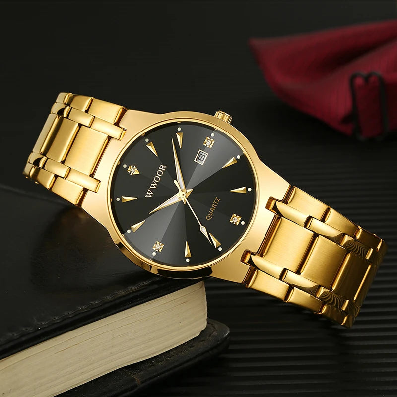 Fashion Wwoor Diamond Men Watch Top Brand Luxury Gold Black Steel Quartz Wristwatch Waterproof Automatic Date Relogio Masculino