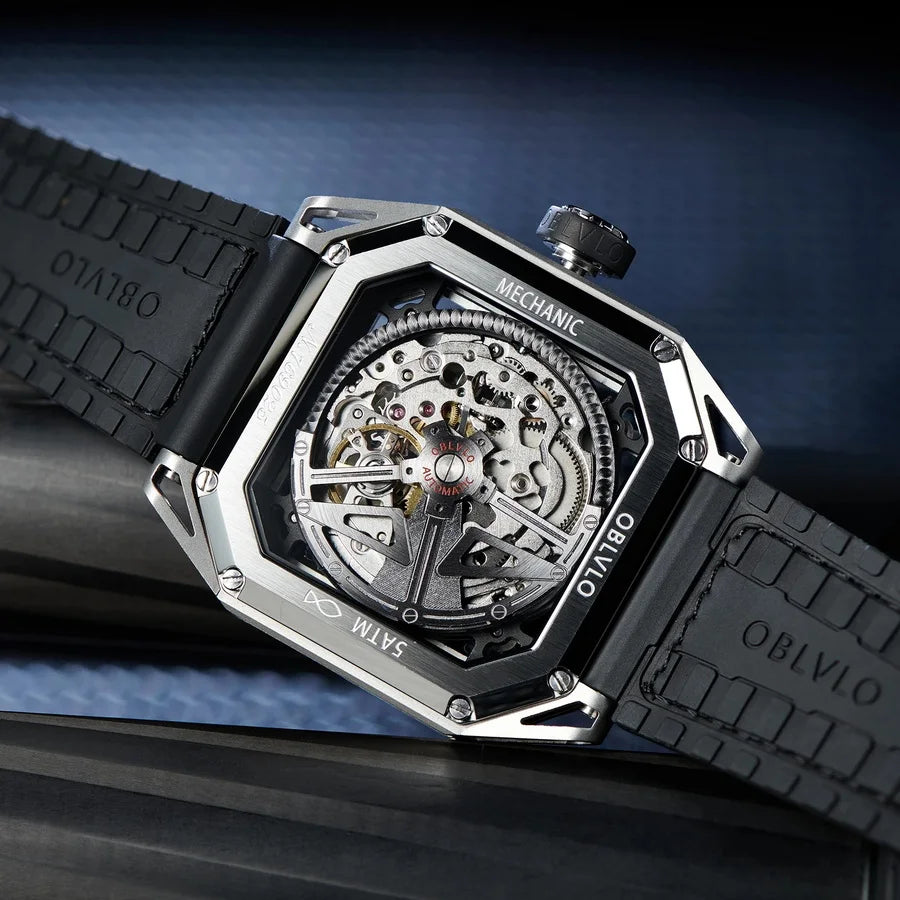 OBLVLO Mens Automatic Watches Luxury Watch Mechanical Wristwatch Fashion Square Skeleton Dial Sapphire 50M Waterproof Military