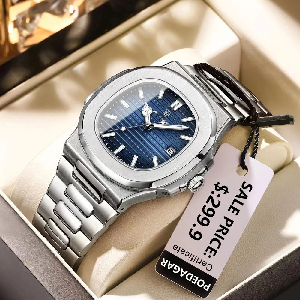 POEDAGAR 2023 New Luxury Square Quartz Watch Business Waterproof Male Clock Luminous Date Stainless Steel Men Watch Reloj Hombre