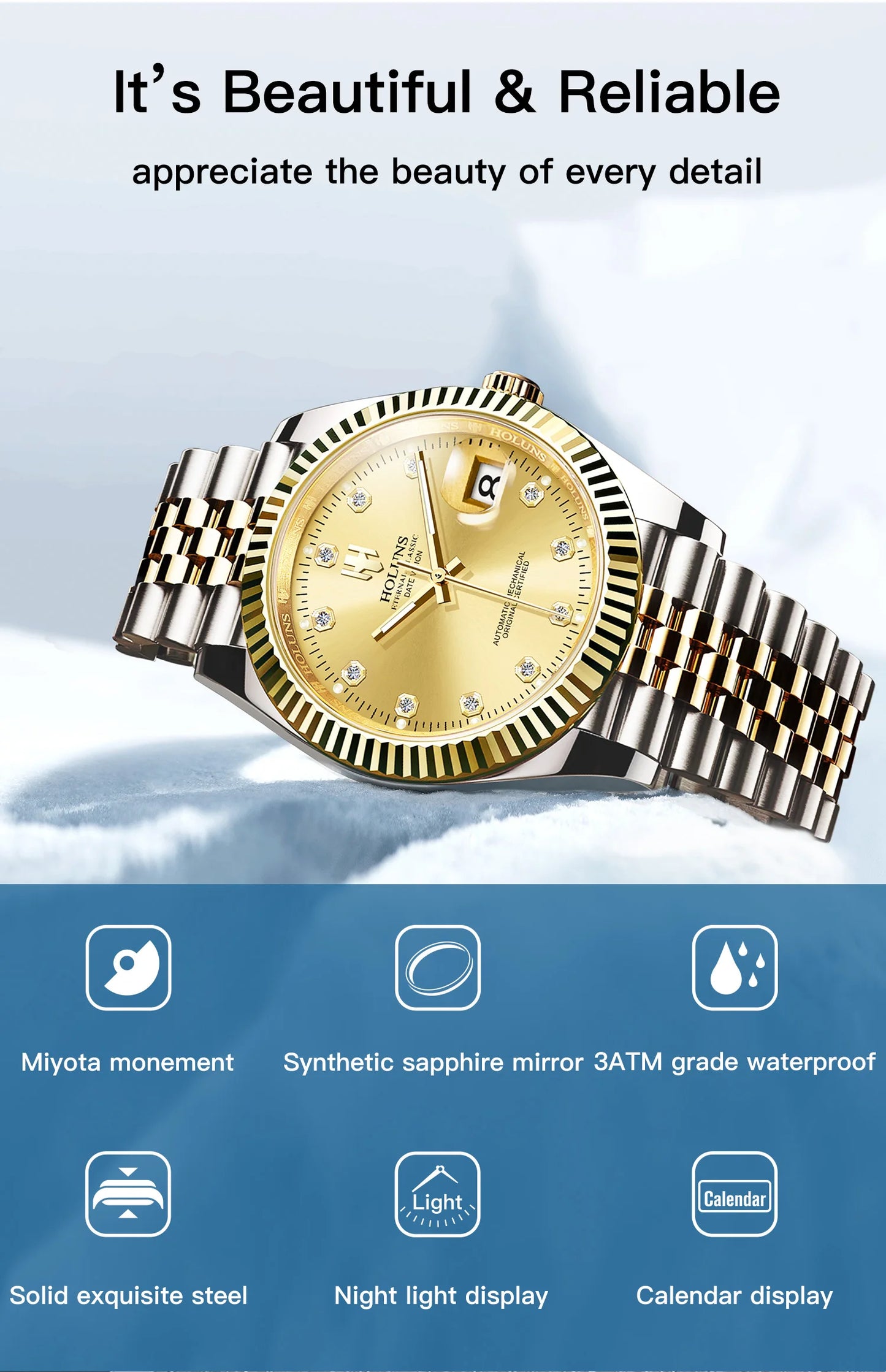 Holuns 2024 New Luxury Stainless Steel Automatic Watch For Men Gold Classic Role Mechanical Wristwatches Sapphire Waterproof