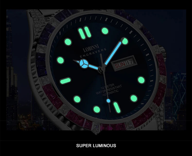 LOBINNI Men Automatic Watch 42.5mm Luxury Mechanical Wristwatch Sapphire Luminous Dual Calendar Week Date Diamond Bezel