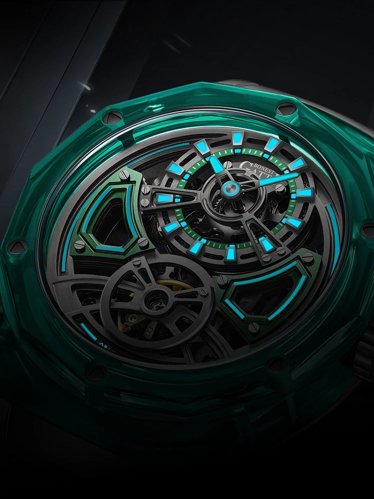 BONEST GATTI Men Automatic Watch 45mm Mechanical Wristwatch Crystal Case Sapphire Luminous Fluororubber Strap Skeleton Dial