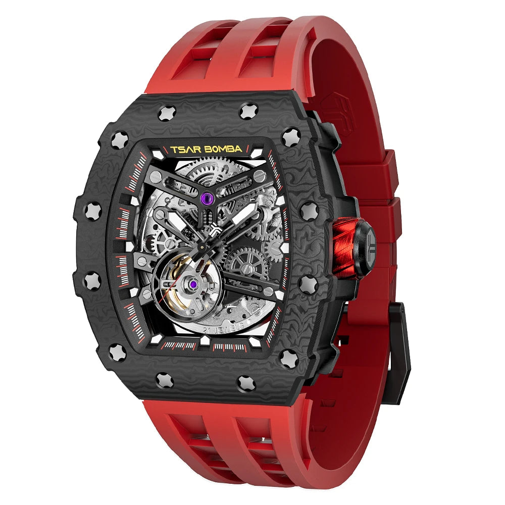 TSAR BOMBA Skeleton Mechanical Watch for Men Carbon Fiber Mens Automatic Watches Top Brand Luxury Waterproof Wristwatches