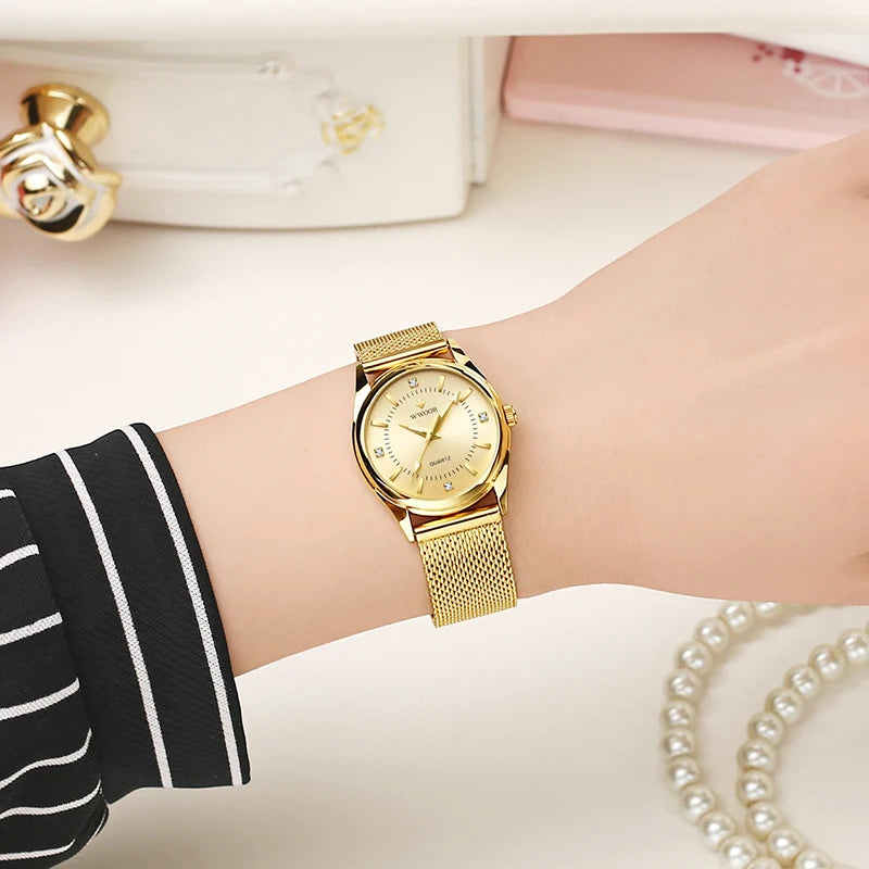 Fashion Wwoor Top Brand Dress Luxury Gold Elegant Diamond Small Quartz Wrist Watches Women Mesh Steel Clock Zegarek Damski