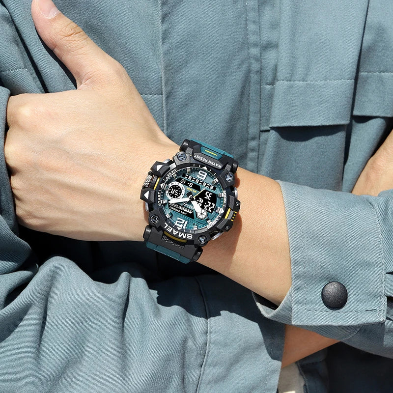 SMAEL Men Watches 50m Waterproof Sports Watch Military Man Sports Watch Digital 8072 Dual Display Watch Quartz Led Digital