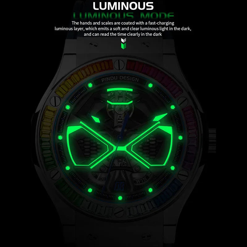 PINDU Watches High Quality Luxury Men's Watch Waterproof 44.5mm Automatic Movement 316L Stainless Steel Hollowed Fashion Watch