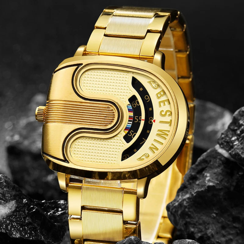 Luxury Gold Men Watches Sports Unique Design Quartz Gold Men's Wrist Watches Steel Waterproof Watches for Mens Relogio Masculino