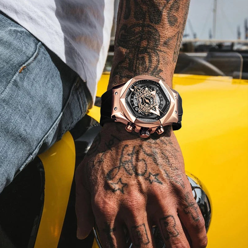 HANBORO Mens Luxury Watches Men Automatic Watch Luxury Mechanical Wristwatch Luminous Skeleton Silicone Strap Hexagonal Bezel
