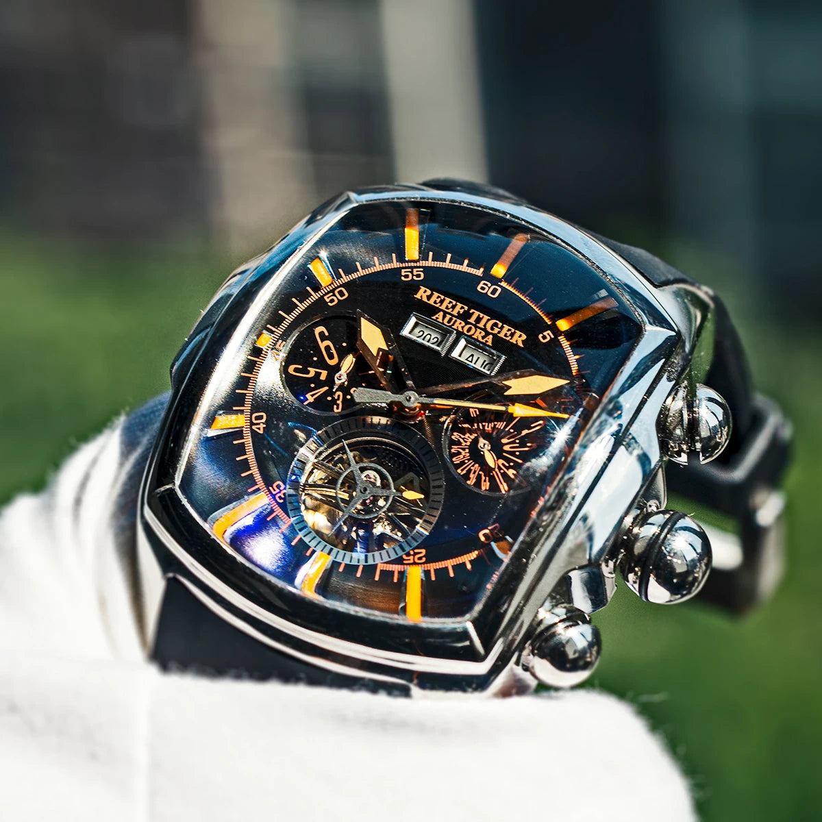 Reef Tiger/RT Designer Men Sport Watches Tourbillon Blue Dial Analog Display Rubber Strap Luminous Clock RGA3069
