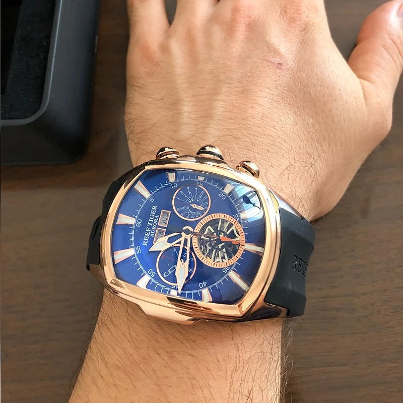 Reef Tiger/RT Designer Men Sport Watches Tourbillon Blue Dial Analog Display Rubber Strap Luminous Clock RGA3069