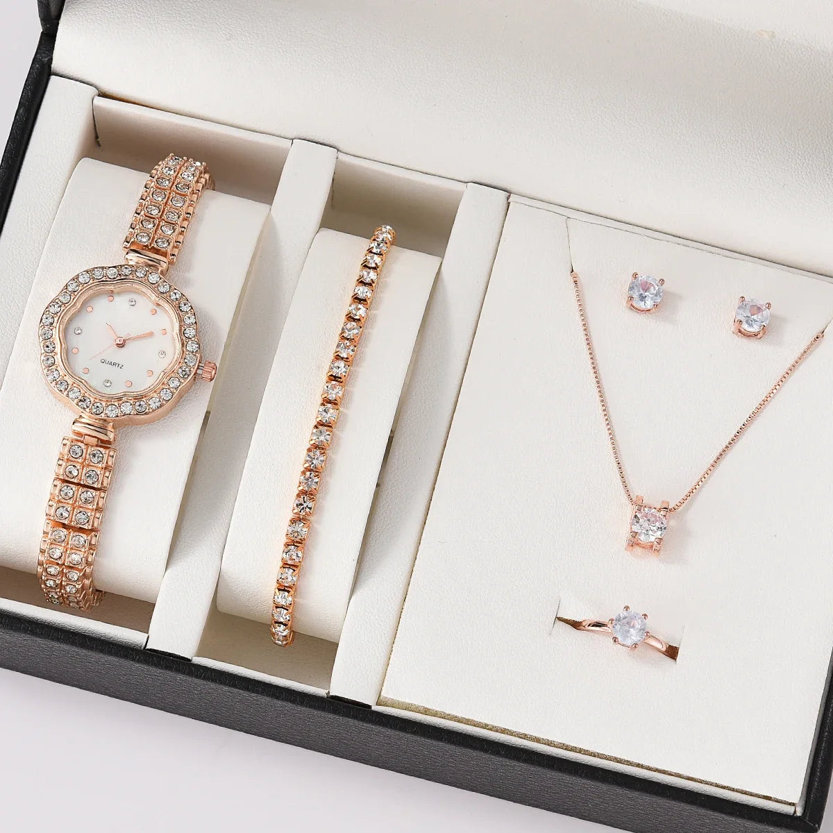 Gold Women Quartz Watch Luxury with Diamonds Simple Stainless Steel Strap Clock Ring Necklace Earrings Rhinestone Set (no Box)