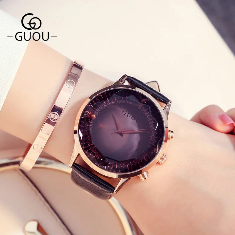 Fashion Guou Hk Top Brand Womens Watches Luxury Big Dial Quartz Genuine Leather Strap Waterproof Casual Gift Clock Reloj Hombr