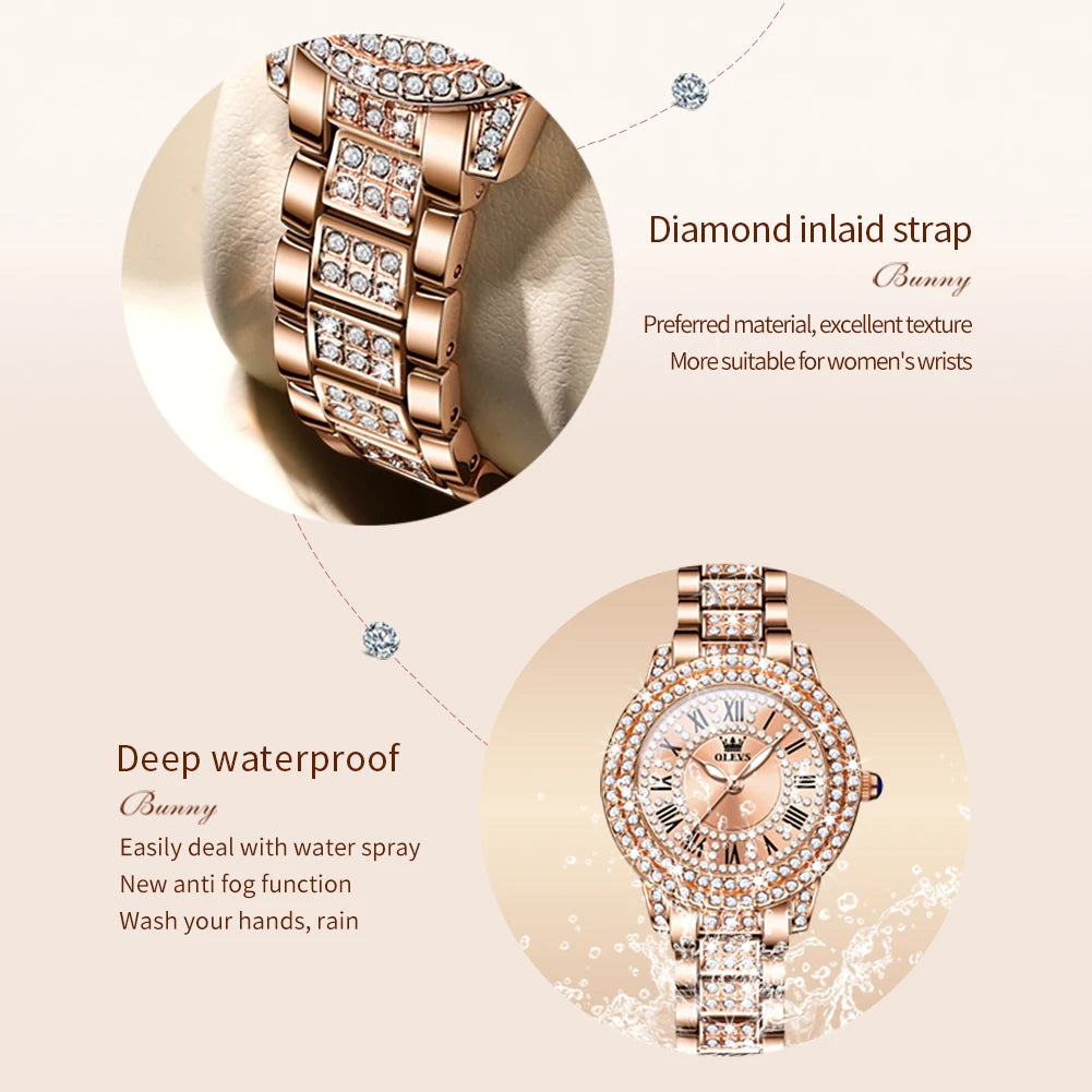 OLEVS Brand Luxury Women's Watches Original Diamond Watch for Women Fashion Elegant Stainless Steel Waterproof Quartz Wristwatch