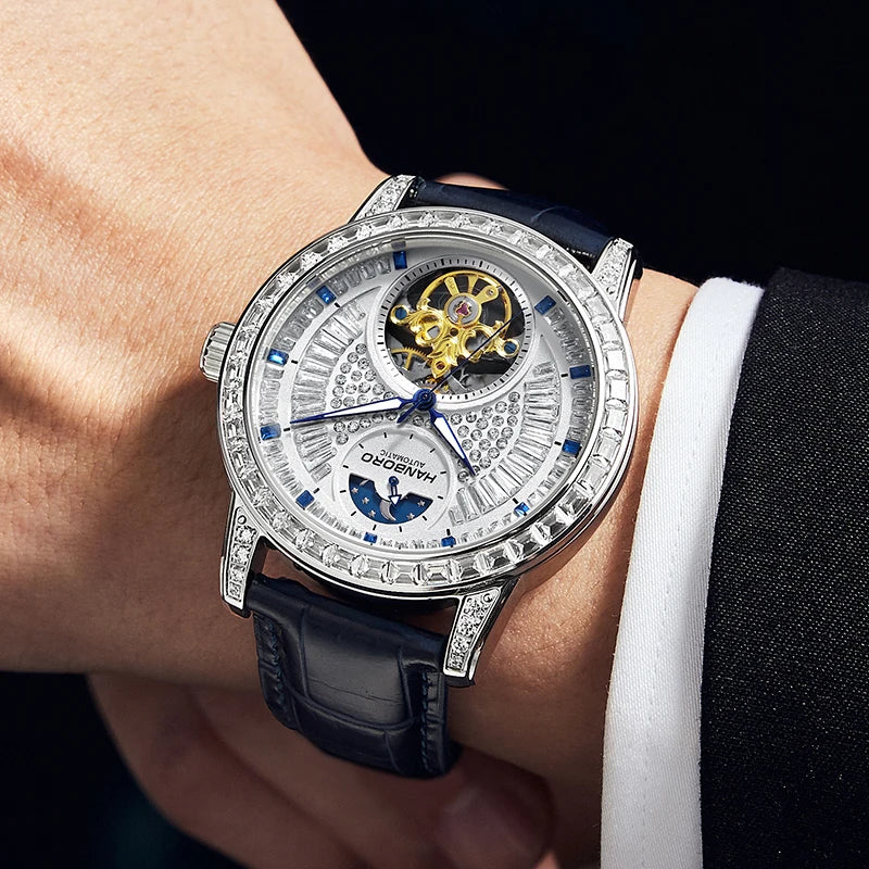 HANBORO Men Luxury Watch 43.5mm Automatic Mechanical Wristwatch Luminous 50M Waterproof Crystal Decoration Skeleton Dial