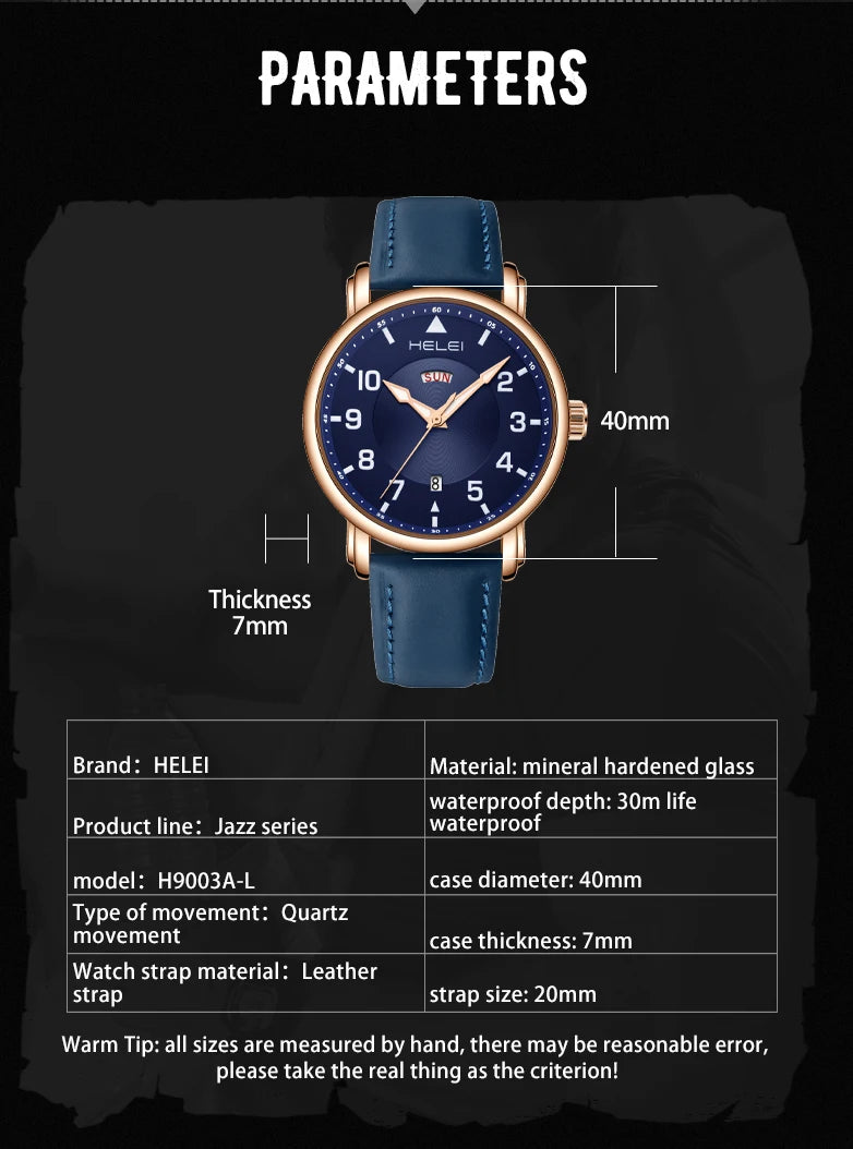 HELEI Fashion new sports casual quartz watch date genuine leather strap men's wristwatch
