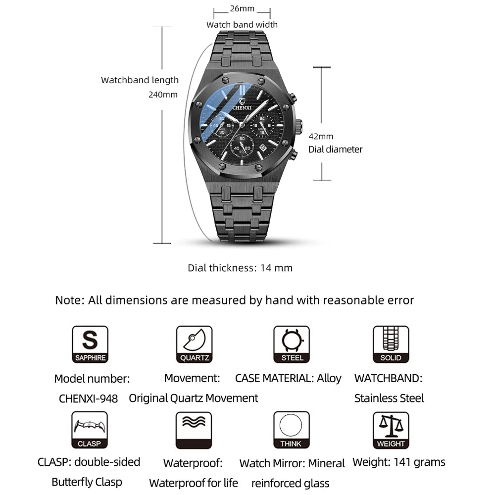 Fashion Chenxi Business Mens Watches Top Luxury Brand Quartz Watch Men Stainless Steel Waterproof Wristwatch Relogio Masculino
