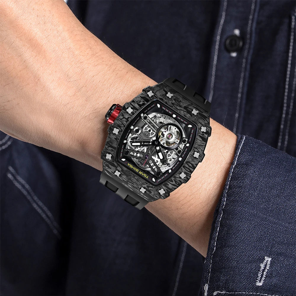 TSAR BOMBA Carbon Fiber Mechanical Watch for Men Waterproof Skeleton Mens Watches Top Brand Luxury Automatic Wristwatches