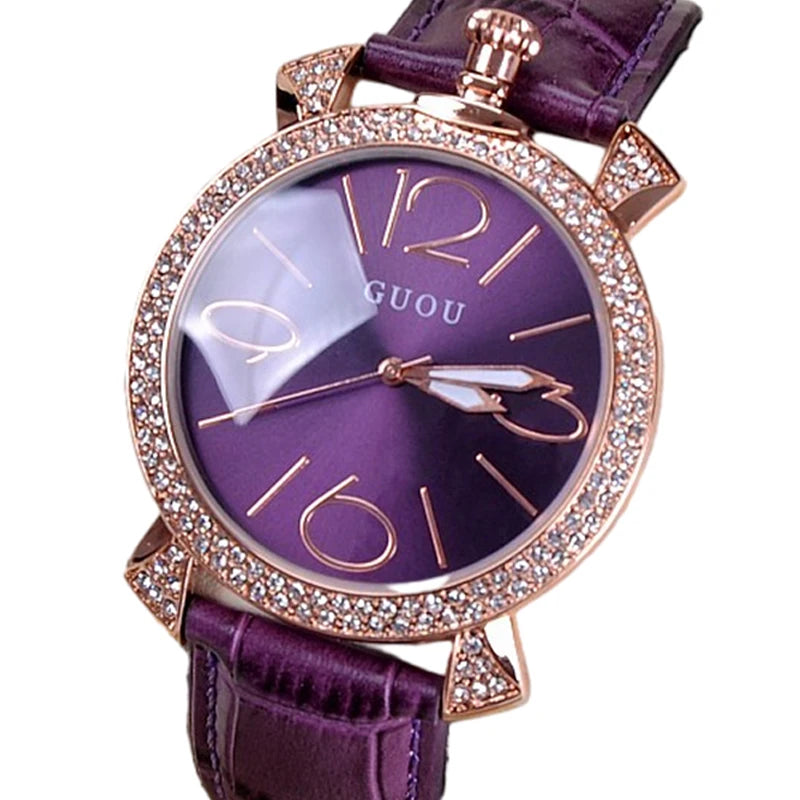 GUOU purple rose gold women luxury brand full rhinestone watch ladies genuine leather band quartz watch women famous wristwatch