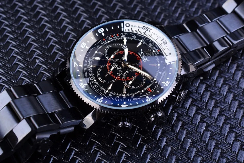 Fashion Jaragar Top Brand Hot Selling Blue Glass Casual Full Stainless Steel & Silicone Automatic Mechanical Men's 3 Eyes Watch