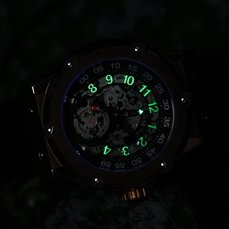HANBORO Men Luxury Watch 43mm Automatic Watches Fashion Mechanical Wristwatch Waterproof Luminous Rubber Strap Hollow out Dial