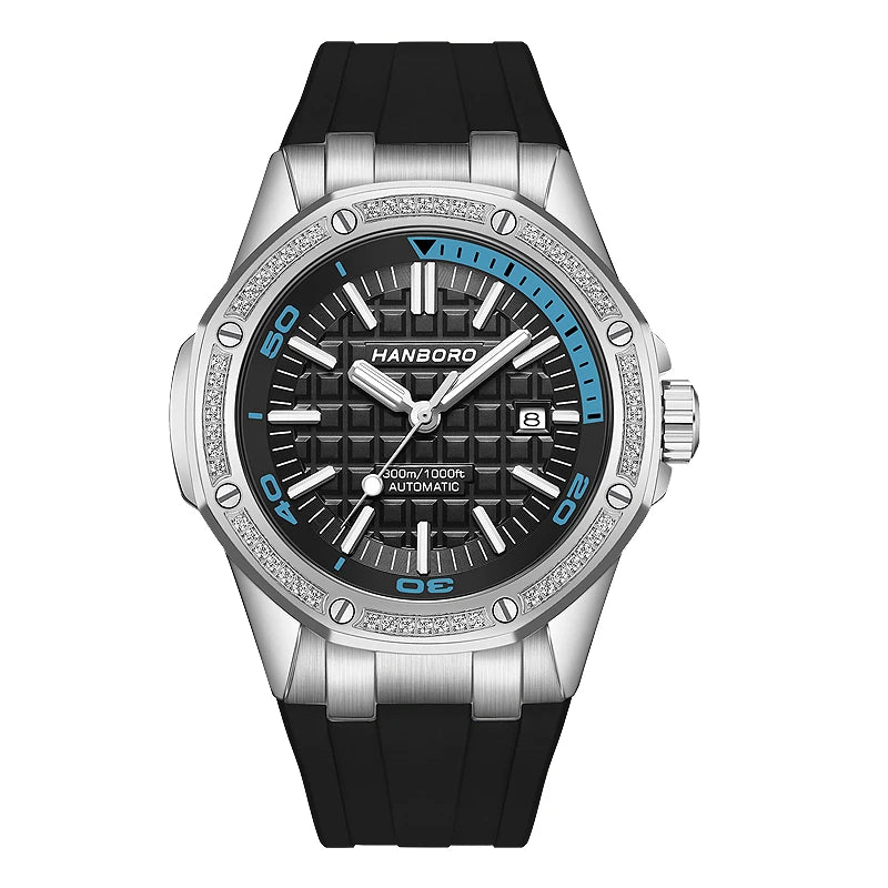 HANBORO Men Luxury Watch 44mm Sport Automatic Watches Fashion Mechanical Wristwatch Waterproof Luminous Rubber Strap Date
