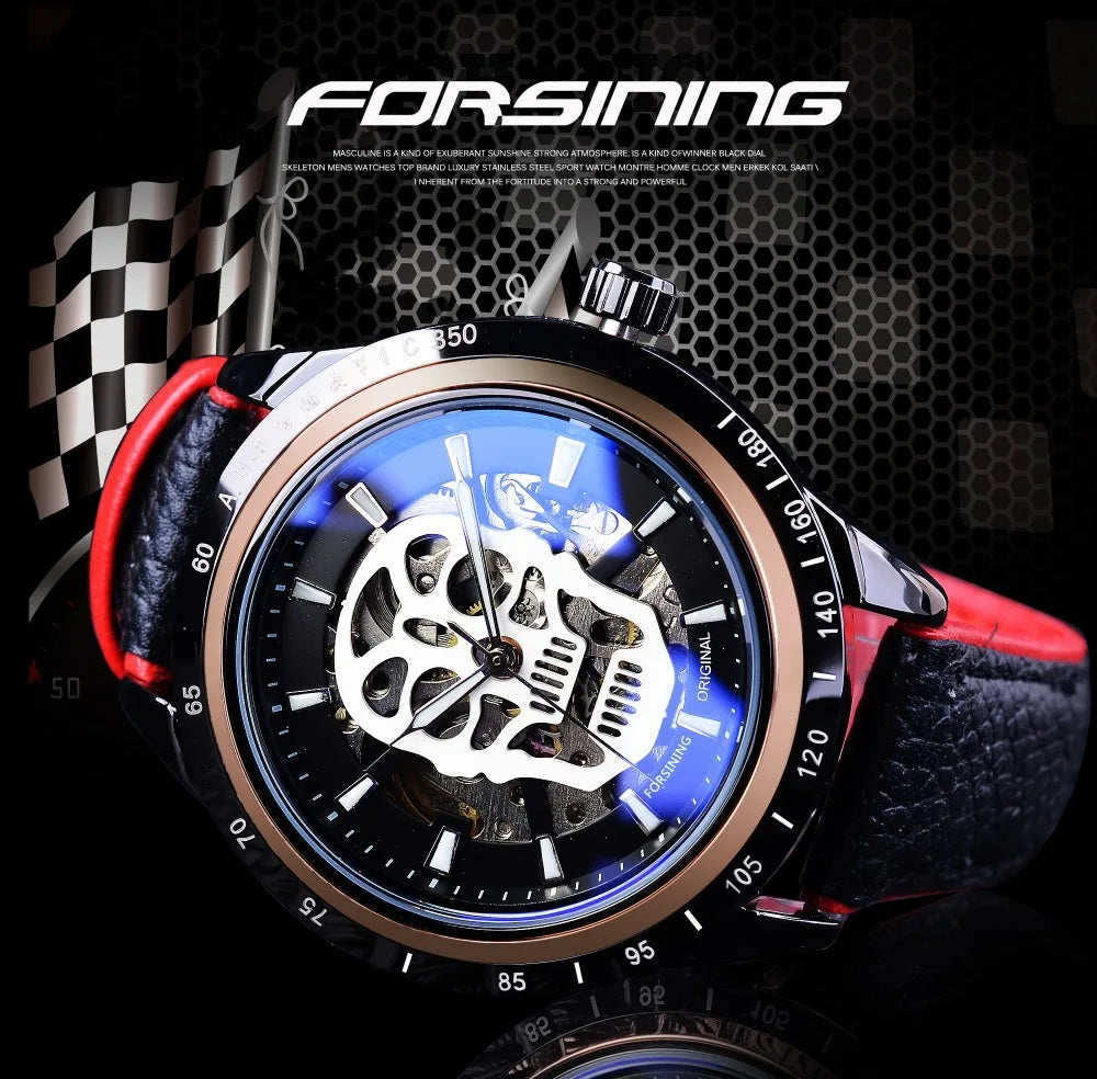 Fashion Forsining Top Brand Men's Casual Night Glow Skull Hollow Out Skeleton Waterproof Leather Mechanical Automatic Watches