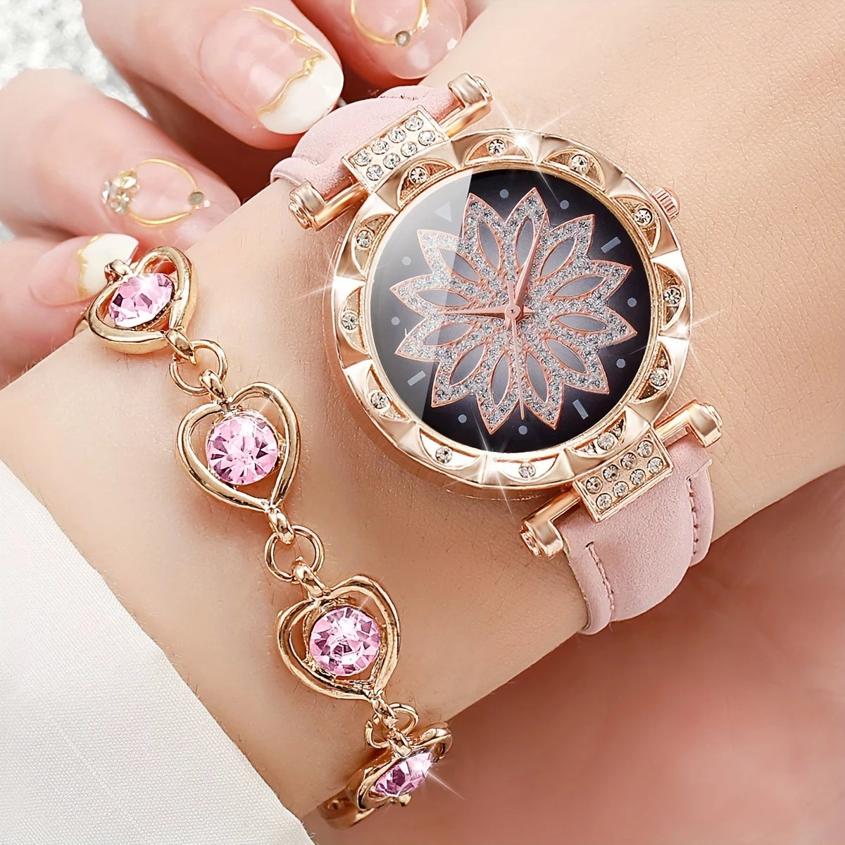 6pcs/set Women's Watch Elegant Rhinestone Flower Quartz Watch Analog PU Leather Wrist Watch & Jewelry Set, Gift For Mom Her