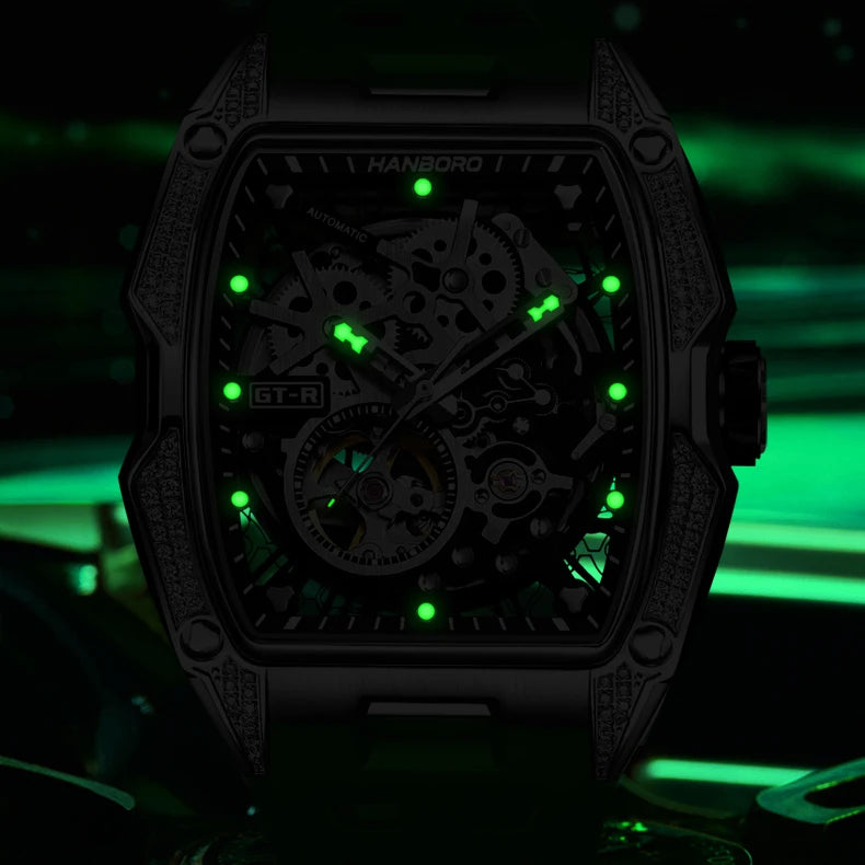 HANBORO Men Automatic Watch 52mm Luxury Mechanical Wristwatch Luminous Tonneau Crystal Bezel Hollow Out Dial