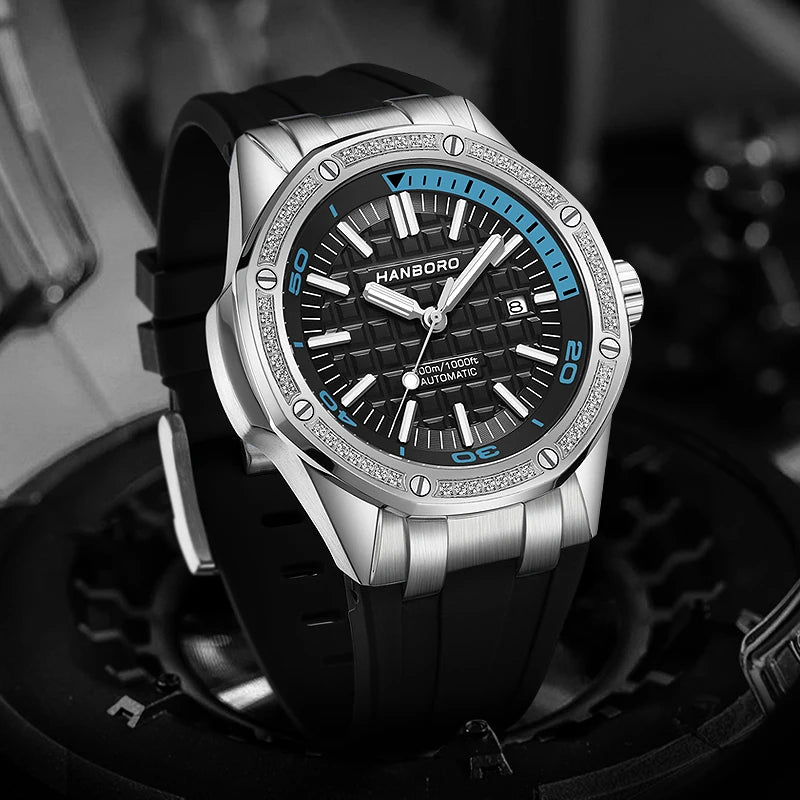 HANBORO Men Luxury Watch 44mm Sport Automatic Watches Fashion Mechanical Wristwatch Waterproof Luminous Rubber Strap Date