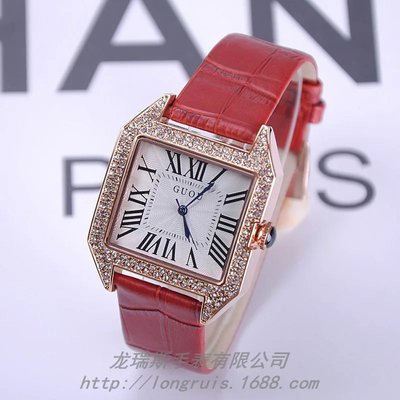 GUOU Brand Genuine Leather retro Roman scale personality fashionable high-grade square Korean quartz female watches