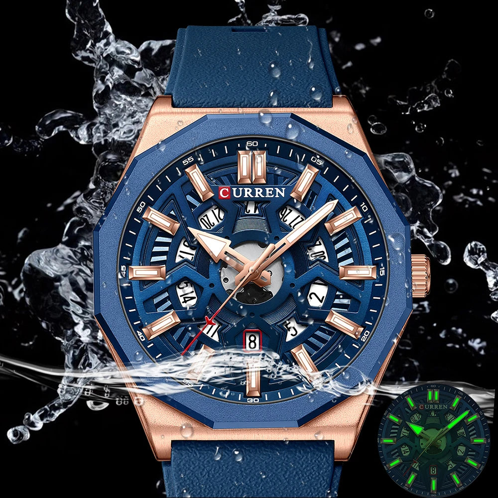 CURREN Fashion Creative Design Watches Men Quartz Silicone Strap Date Wristwatches for Male Clock with Luminous Hands