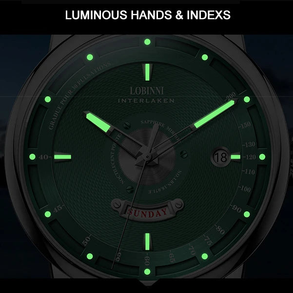 LOBINNI Men Automatic Watch 41MM Top Luxury Brand Mechanical Wristwatch Sapphire Luminous Dual Calendar Week Date