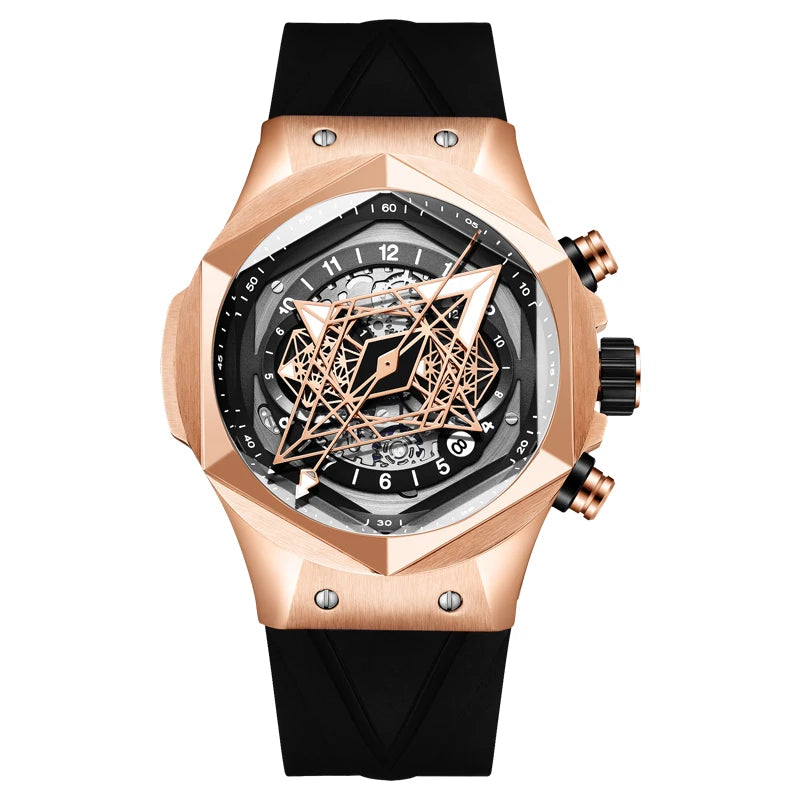 HANBORO Mens Luxury Watches Men Automatic Watch Luxury Mechanical Wristwatch Luminous Skeleton Silicone Strap Hexagonal Bezel